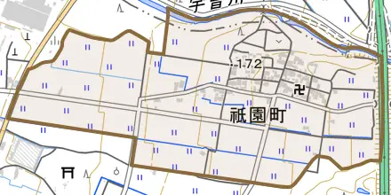 祇園町とその周辺の地図。町の範囲を重ねている