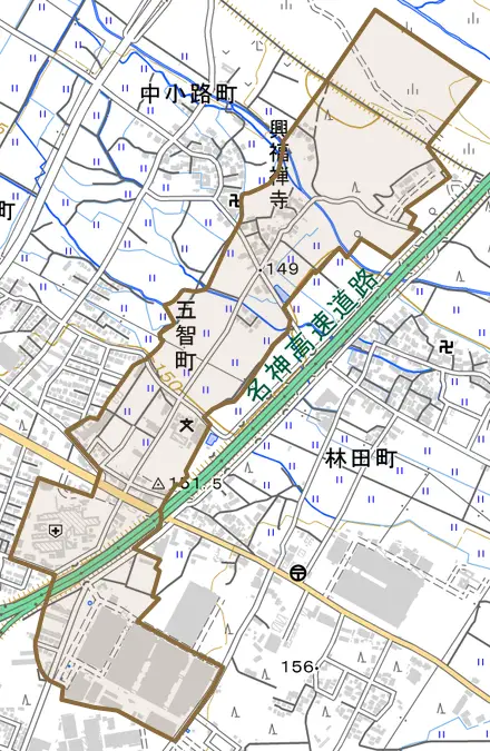 五智町とその周辺の地図。町の範囲を重ねている