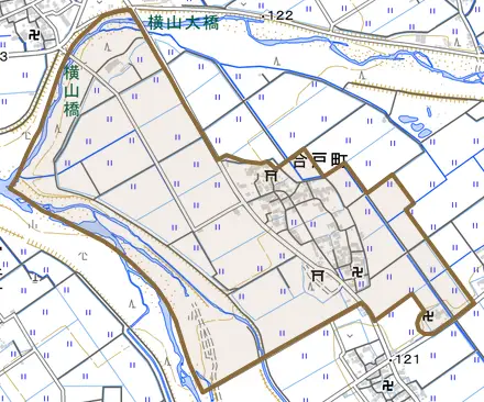 合戸町とその周辺の地図。町の範囲を重ねている