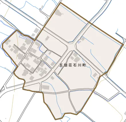 五個荘石川町とその周辺の地図。町の範囲を重ねている