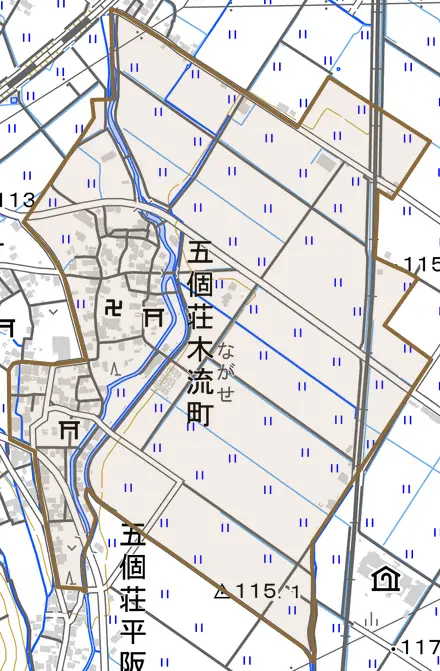 五個荘木流町とその周辺の地図。町の範囲を重ねている