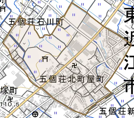 五個荘北町屋町とその周辺の地図。町の範囲を重ねている