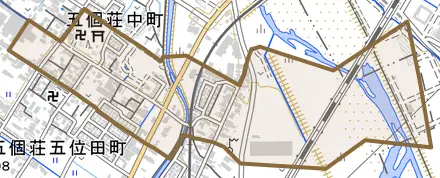 五個荘中町とその周辺の地図。町の範囲を重ねている