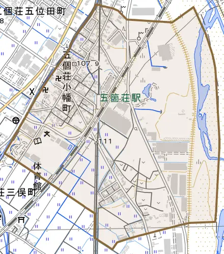 五個荘小幡町とその周辺の地図。町の範囲を重ねている
