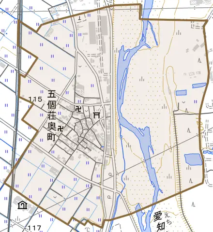 五個荘奥町とその周辺の地図。町の範囲を重ねている