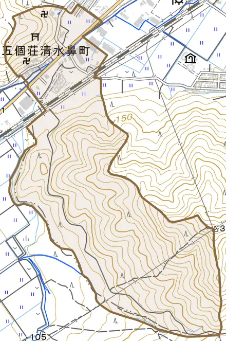 五個荘清水鼻町とその周辺の地図。町の範囲を重ねている