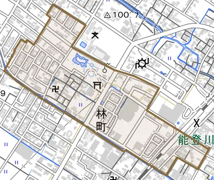 林町とその周辺の地図。町の範囲を重ねている