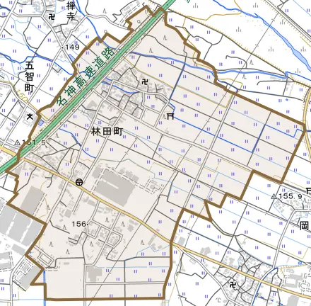 林田町とその周辺の地図。町の範囲を重ねている