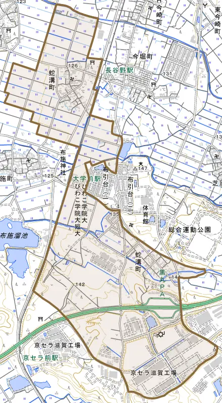 蛇溝町とその周辺の地図。町の範囲を重ねている