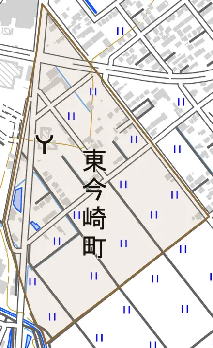 東今崎町とその周辺の地図。町の範囲を重ねている