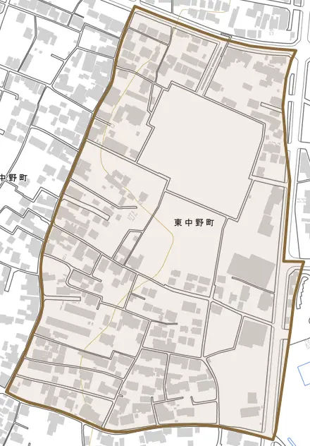東中野町とその周辺の地図。町の範囲を重ねている