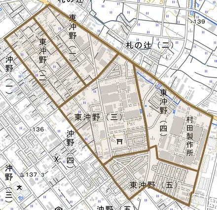 東沖野とその周辺の地図。町の範囲を重ねている