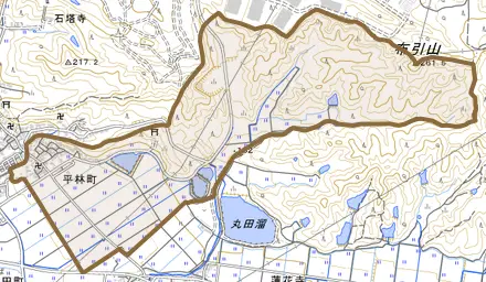 平林町とその周辺の地図。町の範囲を重ねている