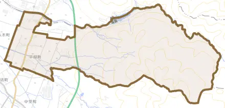 平柳町とその周辺の地図。町の範囲を重ねている