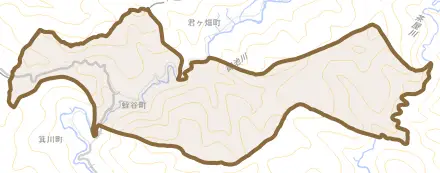 蛭谷町とその周辺の地図。町の範囲を重ねている
