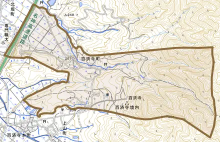 百済寺町とその周辺の地図。町の範囲を重ねている