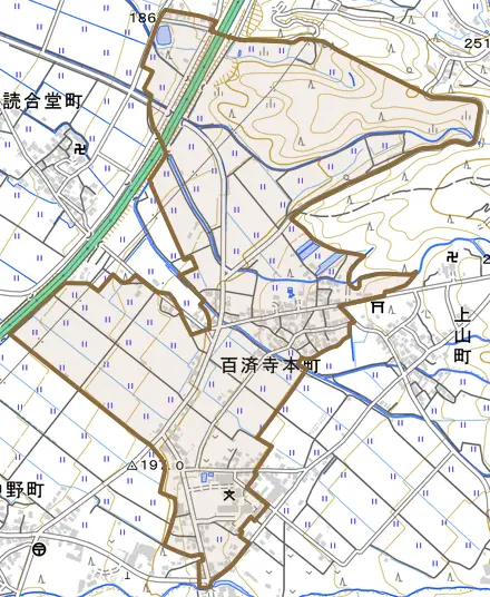 百済寺本町とその周辺の地図。町の範囲を重ねている