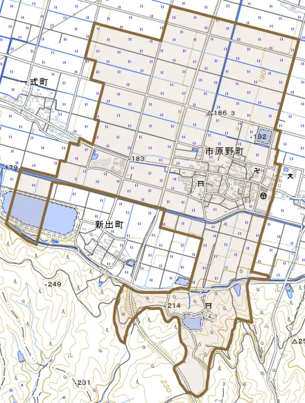 市原野町とその周辺の地図。町の範囲を重ねている