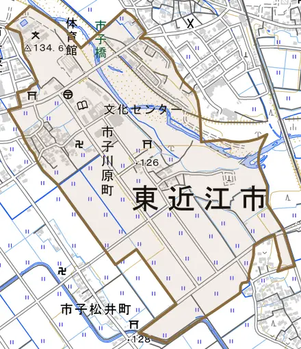 市子川原町とその周辺の地図。町の範囲を重ねている