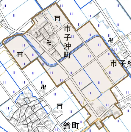 市子沖町とその周辺の地図。町の範囲を重ねている
