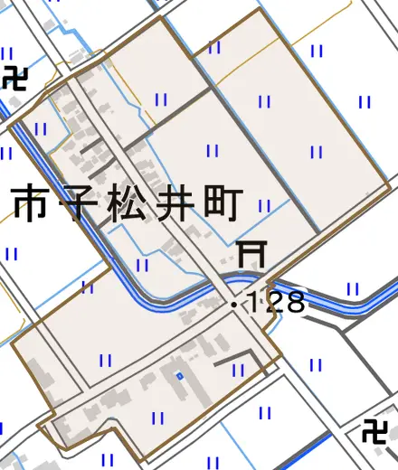 市子松井町とその周辺の地図。町の範囲を重ねている