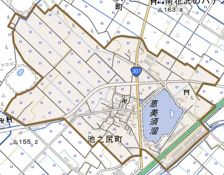 池之尻町とその周辺の地図。町の範囲を重ねている