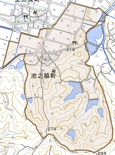 池之脇町とその周辺の地図。町の範囲を重ねている