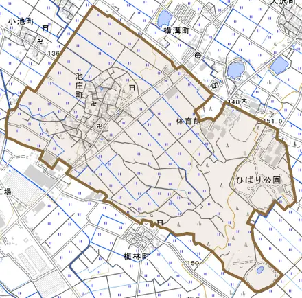 池庄町とその周辺の地図。町の範囲を重ねている
