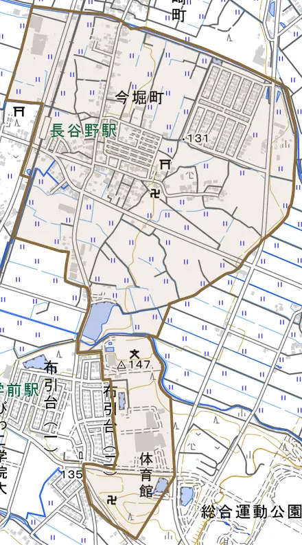 今堀町とその周辺の地図。町の範囲を重ねている