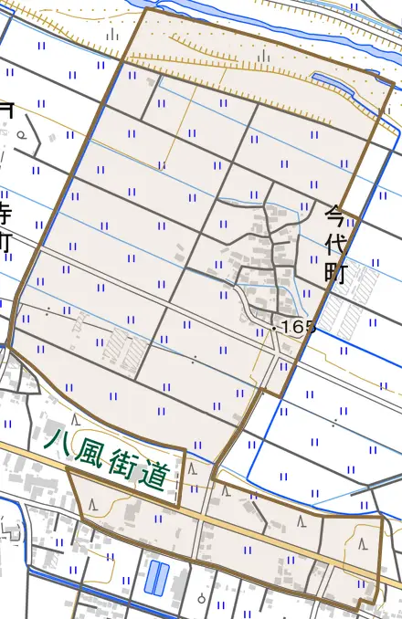 今代町とその周辺の地図。町の範囲を重ねている