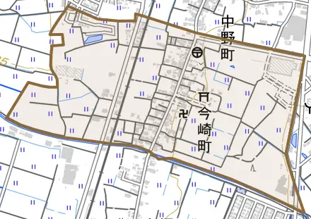 今崎町とその周辺の地図。町の範囲を重ねている