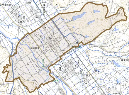 鋳物師町とその周辺の地図。町の範囲を重ねている