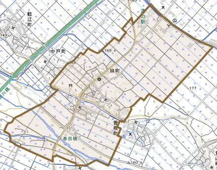 妹町とその周辺の地図。町の範囲を重ねている