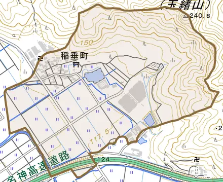 稲垂町とその周辺の地図。町の範囲を重ねている