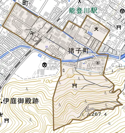 猪子町とその周辺の地図。町の範囲を重ねている