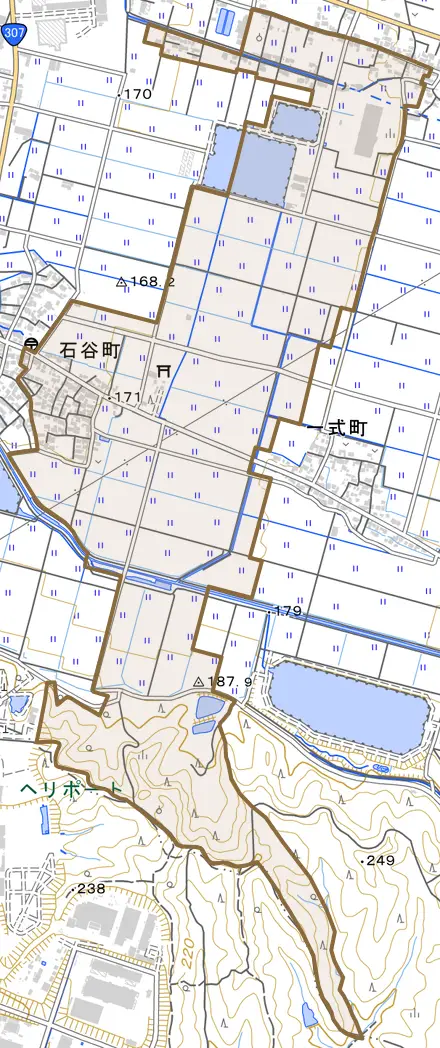 石谷町とその周辺の地図。町の範囲を重ねている
