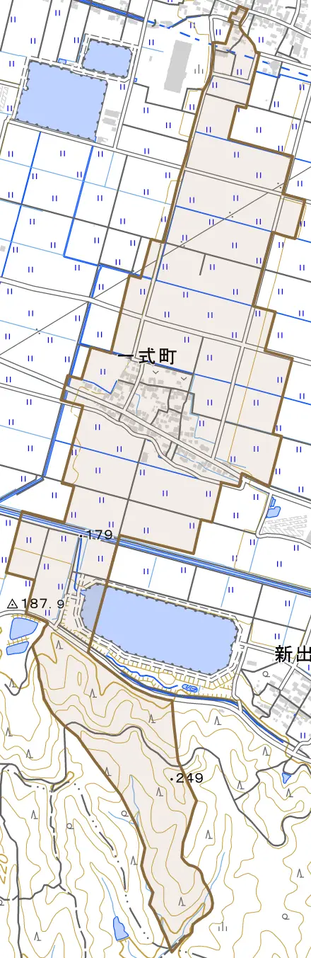 一式町とその周辺の地図。町の範囲を重ねている