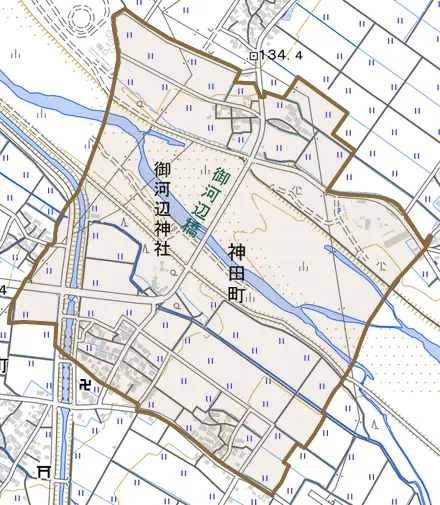 神田町とその周辺の地図。町の範囲を重ねている