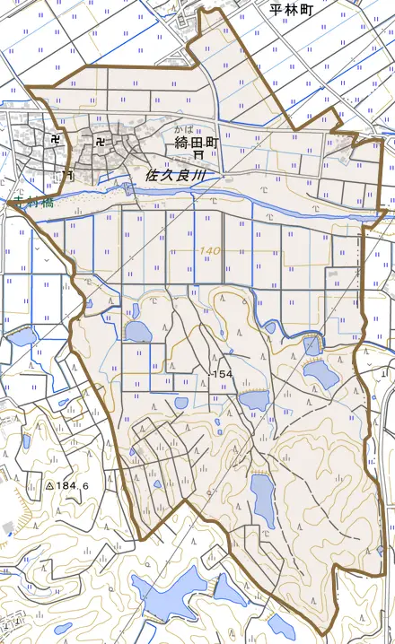 綺田町とその周辺の地図。町の範囲を重ねている