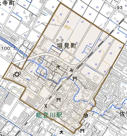 垣見町とその周辺の地図。町の範囲を重ねている