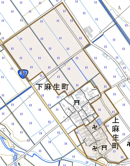 上麻生町とその周辺の地図。町の範囲を重ねている