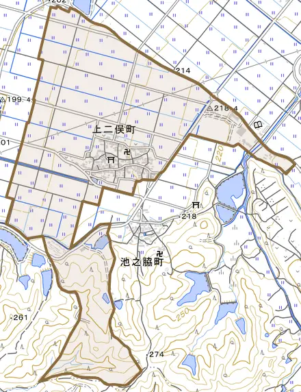 上二俣町とその周辺の地図。町の範囲を重ねている