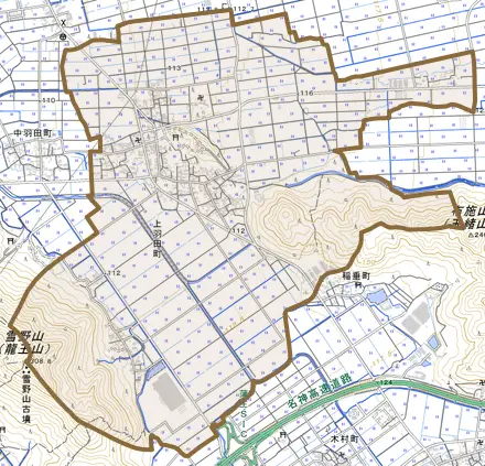 上羽田町とその周辺の地図。町の範囲を重ねている