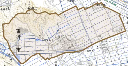 上平木町とその周辺の地図。町の範囲を重ねている