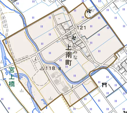 上南町とその周辺の地図。町の範囲を重ねている