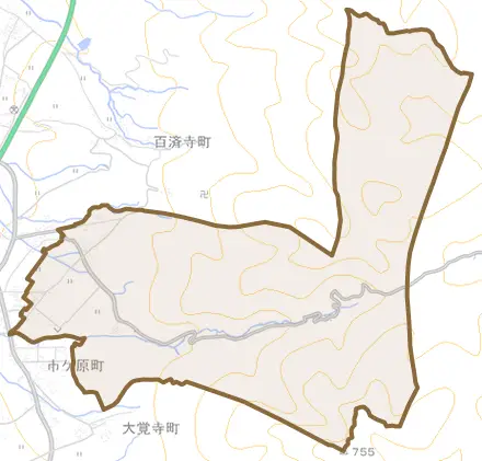 上山町とその周辺の地図。町の範囲を重ねている