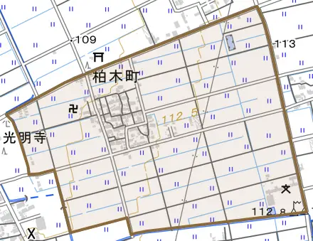 柏木町とその周辺の地図。町の範囲を重ねている