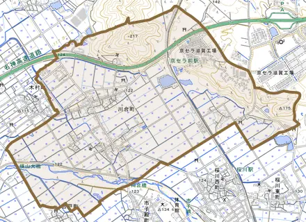 川合町とその周辺の地図。町の範囲を重ねている