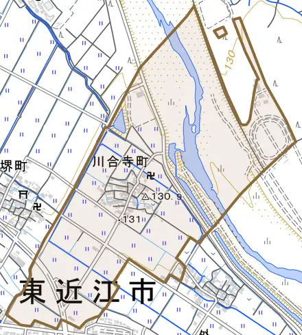 川合寺町とその周辺の地図。町の範囲を重ねている