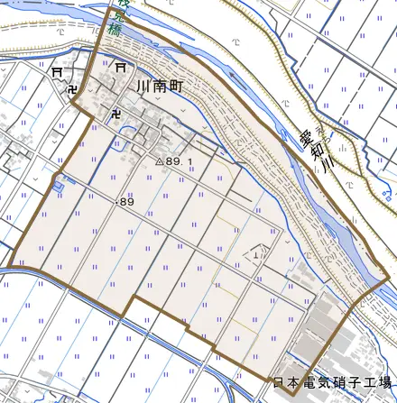 川南町とその周辺の地図。町の範囲を重ねている